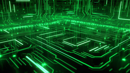 3d rendering of abstract green circuit board on dark background. Computer digital drawing.の素材