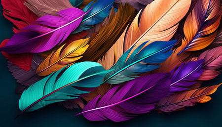 Colorful feathers on a dark background. 3d rendering, 3d illustration.の素材