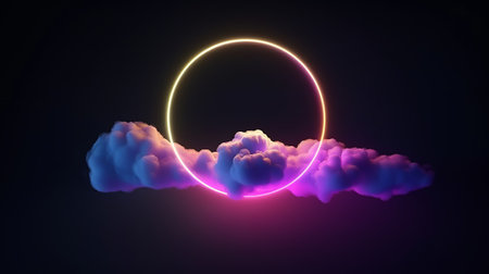 Abstract 3d rendering of cloud and neon circle. Futuristic background.の素材