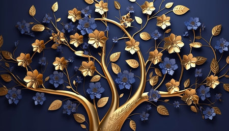 3d golden tree with blue flowers and leaves on dark blue backgroundの素材