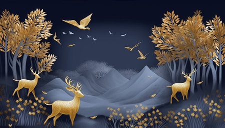 Autumn forest landscape with deer and flying birds. Vector illustration.の素材