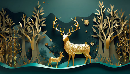 Deer and forest in paper cut style. Paper art and craft style.の素材