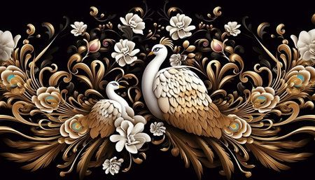 Illustration of two swans on a black background with floral ornamentの素材
