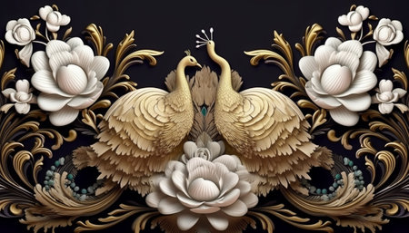 3d illustration of a swan and flowers on a black backgroundの素材