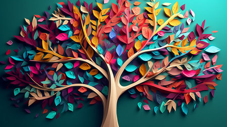 Abstract colorful tree on green background. Paper cut style. Vector illustrationの素材