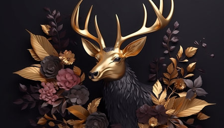 3D render of a deer with golden antlers on a black backgroundの素材