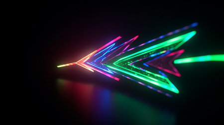 Neon arrows in the dark. 3d rendering. Computer digital drawing.の素材