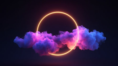 Neon circle with smoke on dark background. 3D Renderingの素材