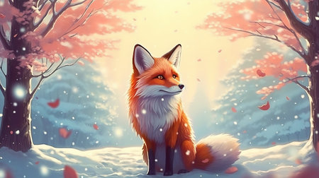 Red fox in the winter forest with falling snow. 3d illustrationの素材