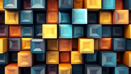 Abstract 3d rendering of chaotic geometric shapes. Multicolored cubes backgroundの素材