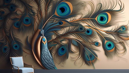 Beautiful peacock feathers on the wall. 3d illustration.の素材