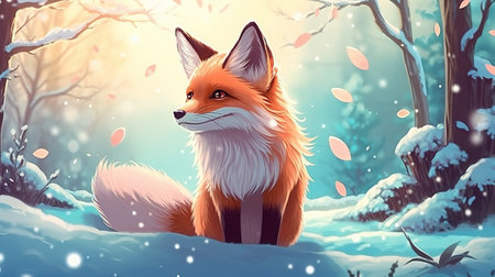 Cute fox in winter forest. Vector illustration. EPS 10.の素材