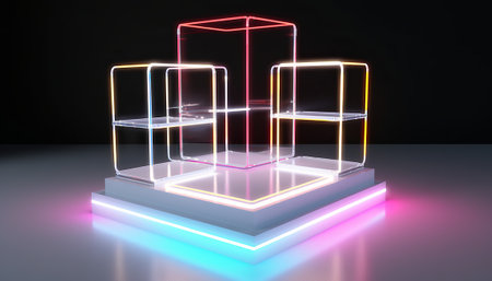 3d render, abstract background, glowing cubes, neon lights, 3d illustrationの素材