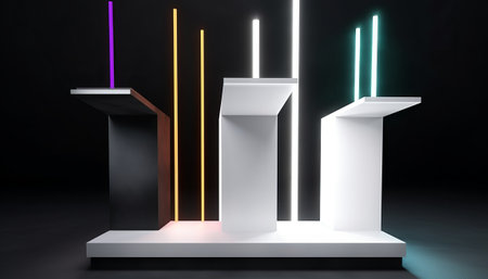 3d rendering of a stand with neon lamps in the dark roomの素材