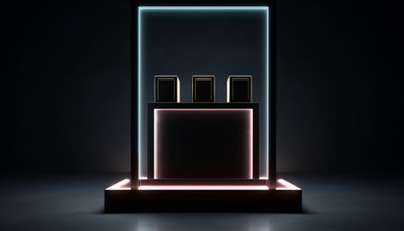 3d rendering of a glass showcase with neon lamps on a dark backgroundの素材