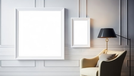 Modern living room interior with empty picture frames, armchair and lamp. Mock up, 3D Renderingの素材