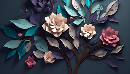 3d illustration of abstract background with paper cut flowers and leaves.の素材