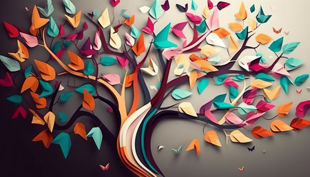 3d illustration of abstract tree with colorful leaves on a gray backgroundの素材