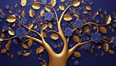 3d illustration of golden tree with flowers and leaves on blue backgroundの素材