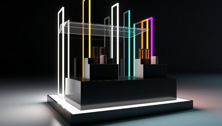 Abstract 3d illustration of a black stand with colorful neon lights.の素材