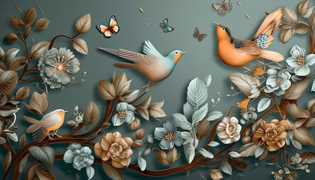 Floral background with birds, flowers and butterflies. Vector illustration.の素材