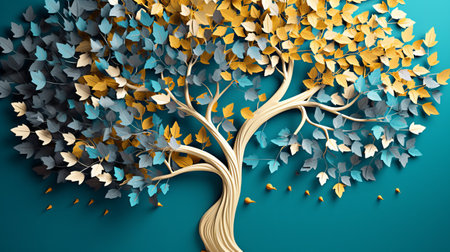 3d render, abstract autumn tree with blue and yellow leaves backgroundの素材