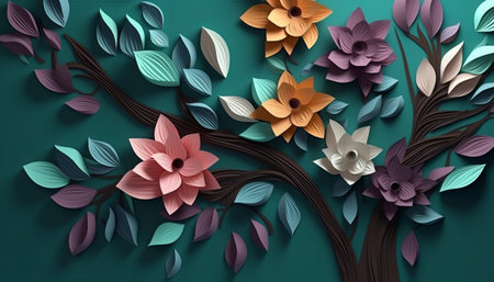 Paper cut flowers background. 3D paper art style. Vector illustration.の素材