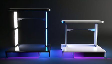 Trade show booth LCD screen stand. 3D rendering. Neon light.の素材