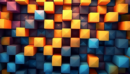 Abstract 3d rendering of chaotic geometric shapes. Colorful cubes backgroundの素材