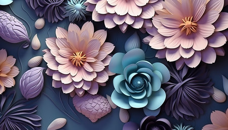 3d illustration of abstract floral background with flowers in pastel colorsの素材