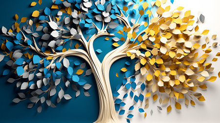 3d render, abstract tree with blue, yellow and white leavesの素材