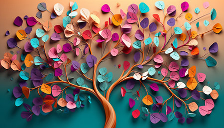 Autumn tree with colorful leaves. Paper art style. Vector illustration.の素材