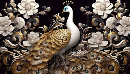 Peacock on a black background with a pattern of gold and white flowersの素材