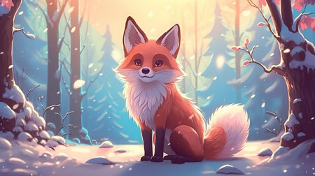 Fantasy illustration of a cute fox sitting in the snowy forest.の素材