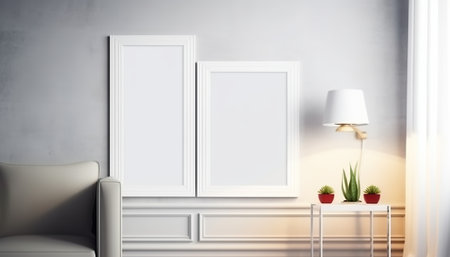 Two blank frames mockup in interior background. 3D Illustrationの素材