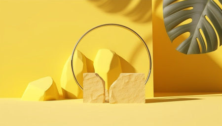 3d render of minimal geometric shapes composition, podium for product presentation with monstera leaf shadow on yellow background.の素材