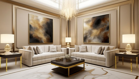 Luxury living room with a white sofa, coffee table and gold furniture. 3d rendering.の素材