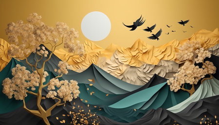 Paper art style of nature landscape with tree, moon and clouds.の素材