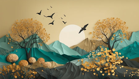 Autumn landscape with mountains, trees and clouds in paper art style.の素材