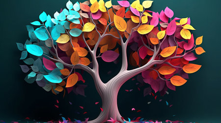 Colorful autumn tree on a dark background. 3D illustration.の素材