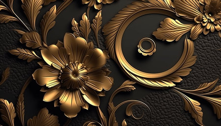 3D render, abstract floral background with gold ornament on black leatherの素材