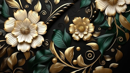3D illustrationrative background with gold and black elements, flowers and leavesの素材
