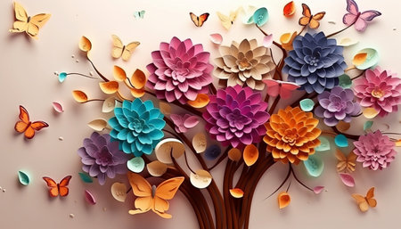Paper art of colorful paper cut flowers with butterfly on the tree.の素材