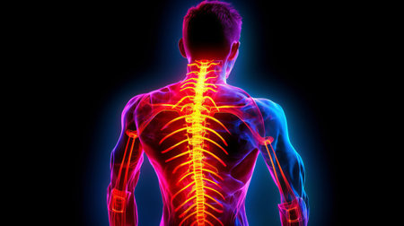 3D Illustration of Male Feeling the Back Pain on Black Backgroundの素材