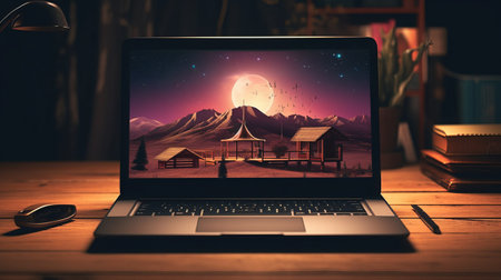 Laptop with night landscape on screen. Freelance concept.の素材