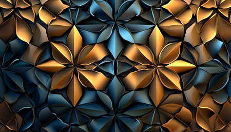 Abstract 3d render of golden and blue polygonal background.の素材