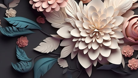 3d render, abstract floral background with paper flowers and leaves.の素材