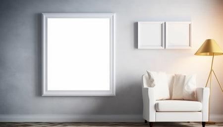Modern living room interior with white armchair, lamp and picture frames. Mock up, 3D Renderingの素材