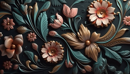 3d illustration of abstract floral background with flowers, leaves and curlsの素材