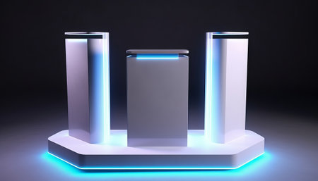 Illuminated display stand, abstract background. 3D rendering.の素材